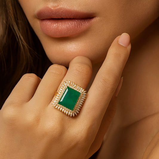 White Diamond Frame Square Emerald Ring
