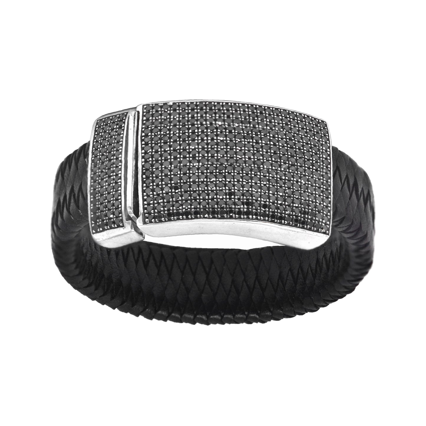 Wide Black Diamond Braided Leather Bracelet