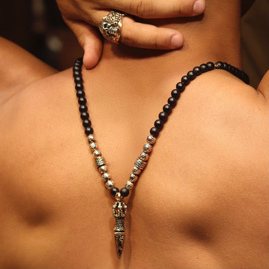 Men's 14k rose gold dagger necklace with 4.80ct black diamonds and 8mm beads - Best beaded jewelry by Versani SoHo