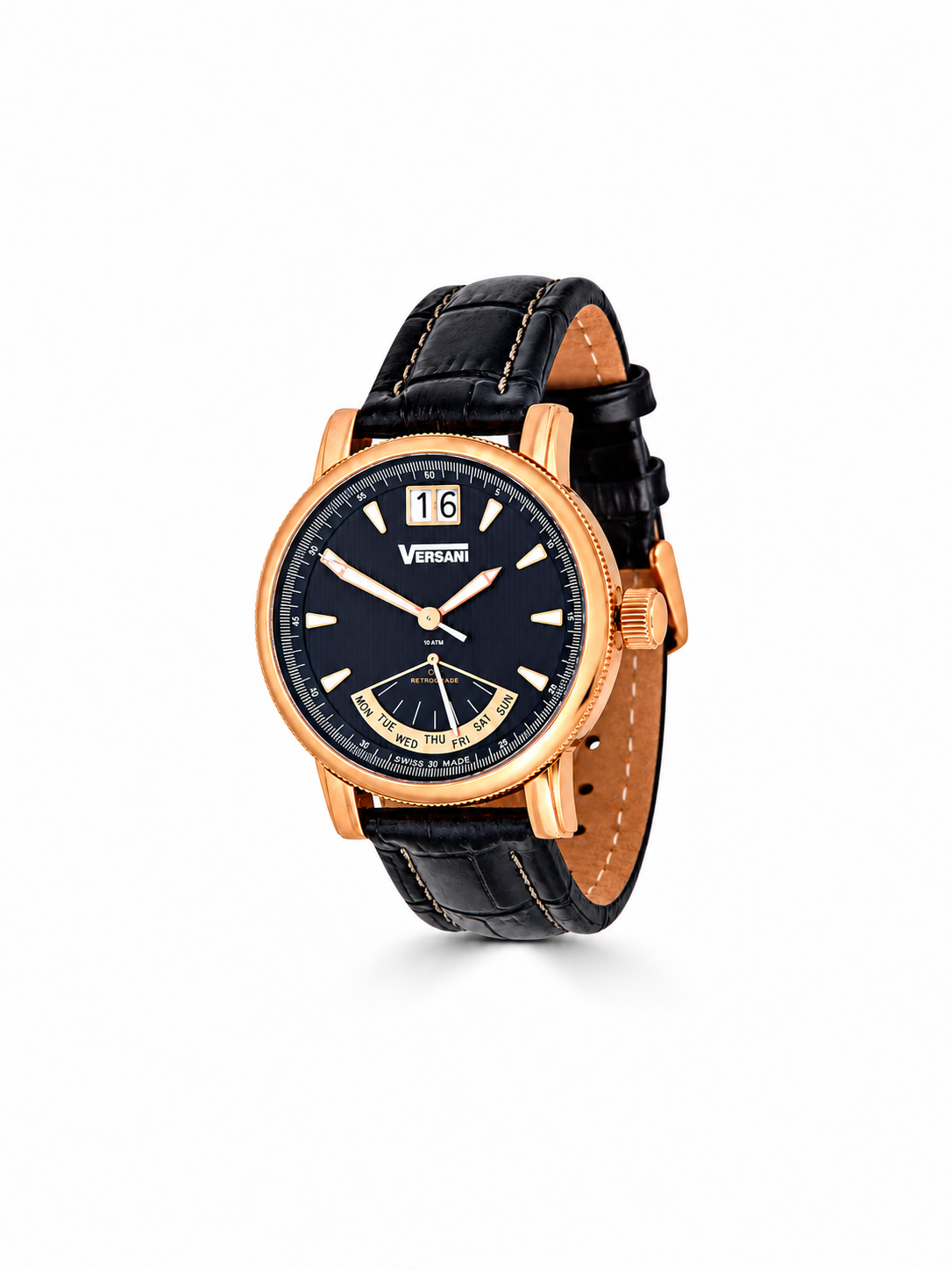 Rose Gold-Tone Watch with Black Leather Strap