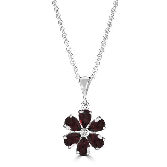 Versani NY Women's 25mm Flower Pendant featuring center diamonds, Blue Topaz, and Garnet in 925 Silver.