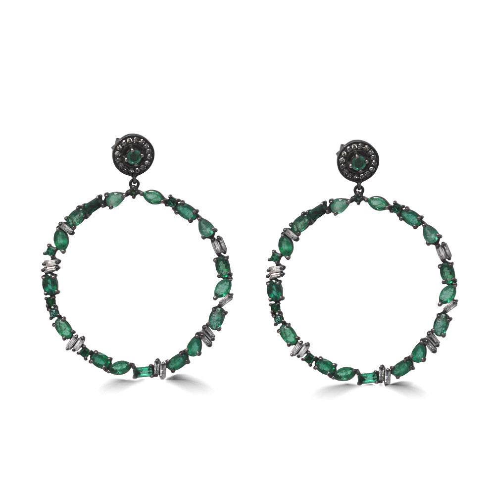 Emerald And Brown Diamond Circle Dangling Earrings