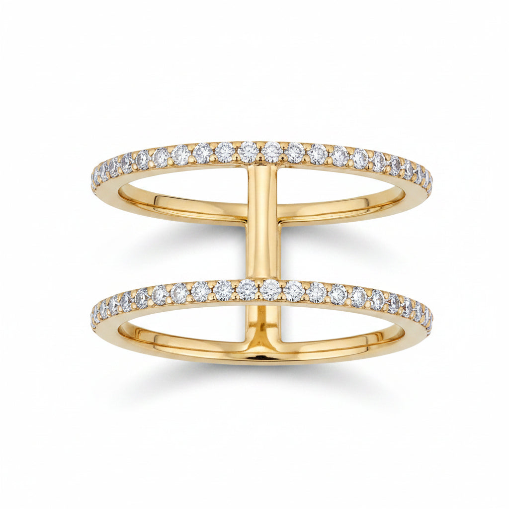 A two-row split ring with white diamonds set in a gold band