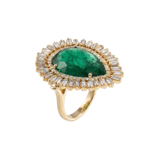 White Diamond Frame Pear Cut Emerald Ring