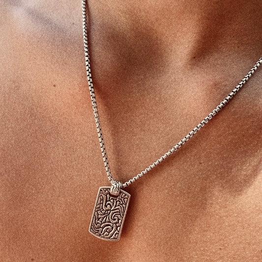 Men's 925 sterling silver rectangle tag necklace with signature motif - Best men's jewelry by Versani SoHo