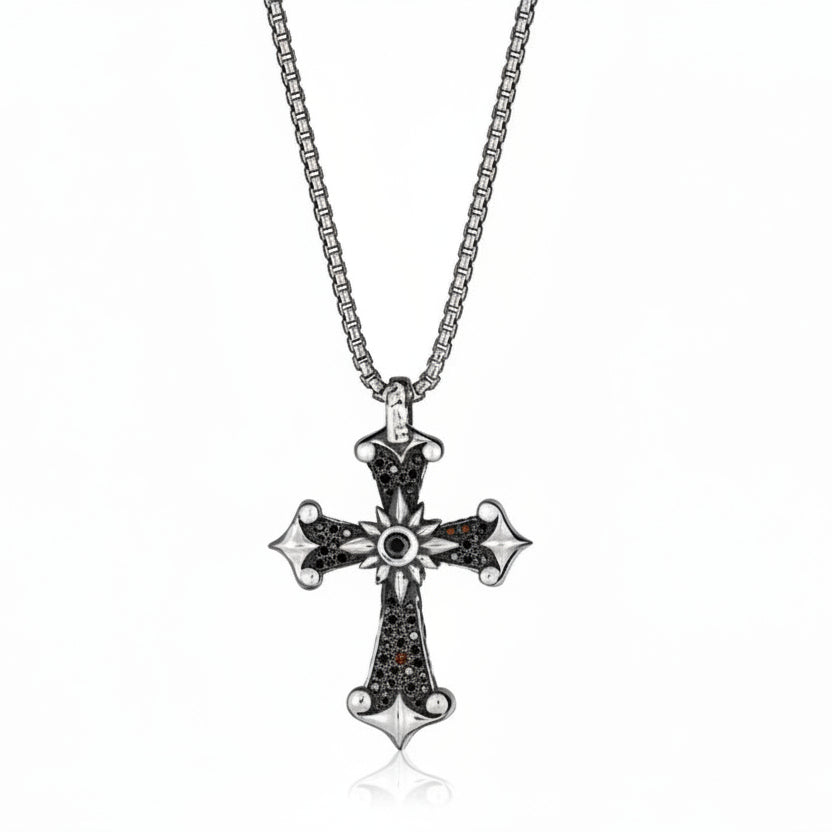 Medium Black Diamond Sun Cross Pendant Necklace