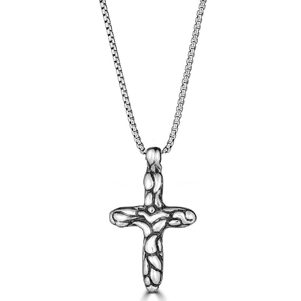 Small Round Edge KeyDesign Cross Pendant Necklace In Sterling Silver