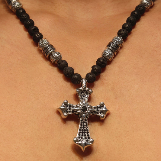 Black Diamond Cross Beaded Necklace