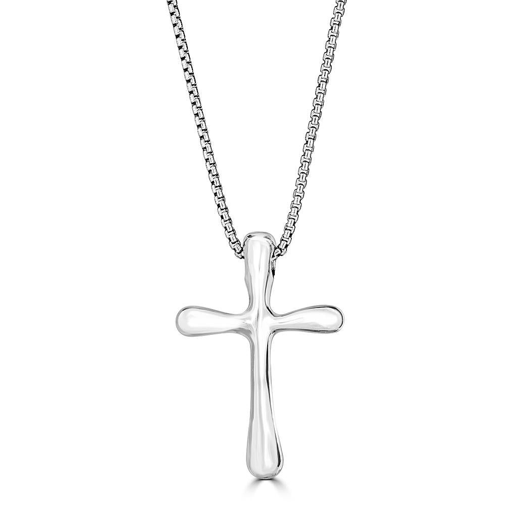Round Edge Cross Pendant Necklace In Sterling Silver