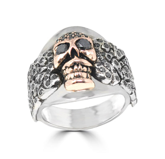Wide KeyDesign Black Diamond Skull Ring In Rose Gold
