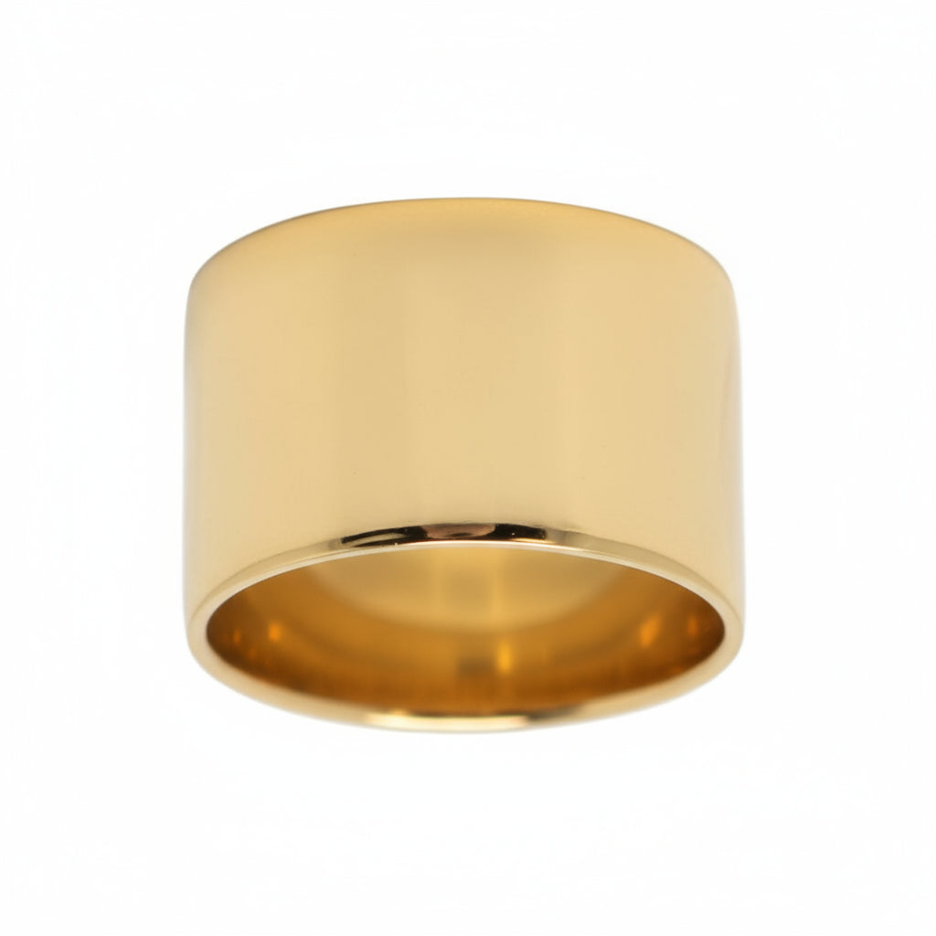 A plain, wide band ring in gold color.