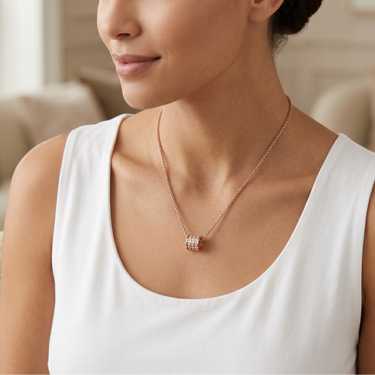 Women's 14k rose gold white diamond pavé barrel necklace - Best artisan jewelry by Versani SoHo