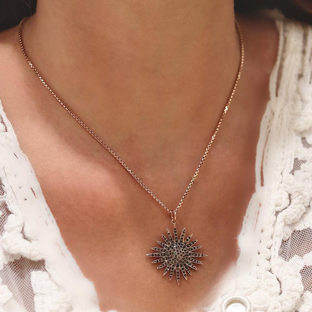 Black Diamond Snowflake Pendant Necklace In Rose Gold