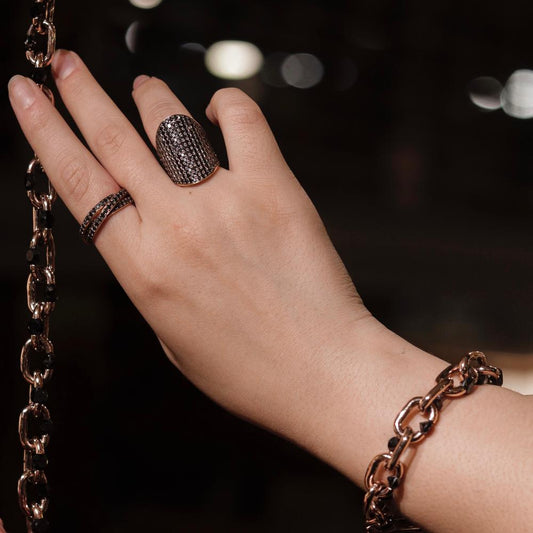 Thin Black Diamond Interlocking Ring In Rose Gold