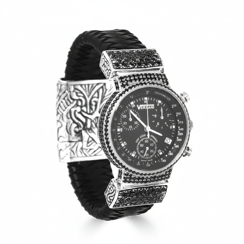 Luxury watch with black leather strap and sterling silver case with pave black diamonds