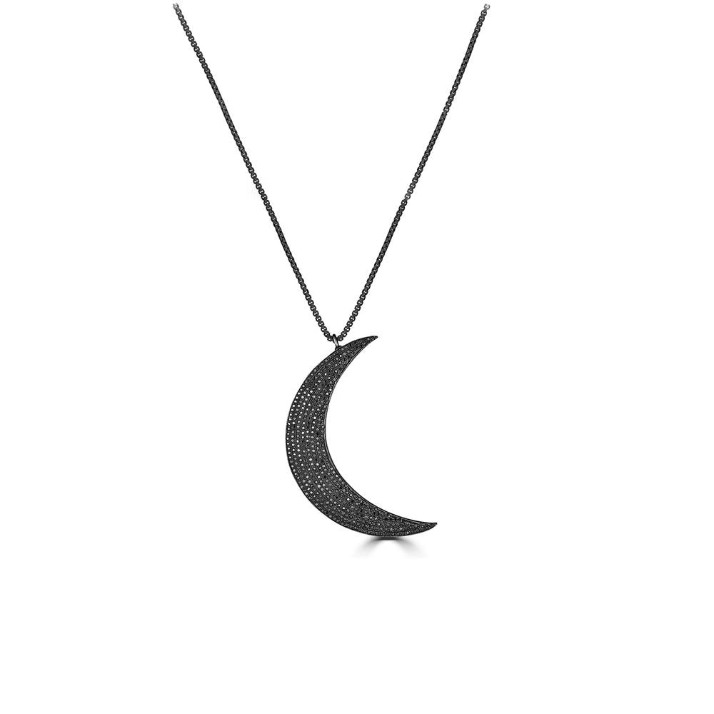 Small Black Diamond Crescent Moon Pendant Necklace