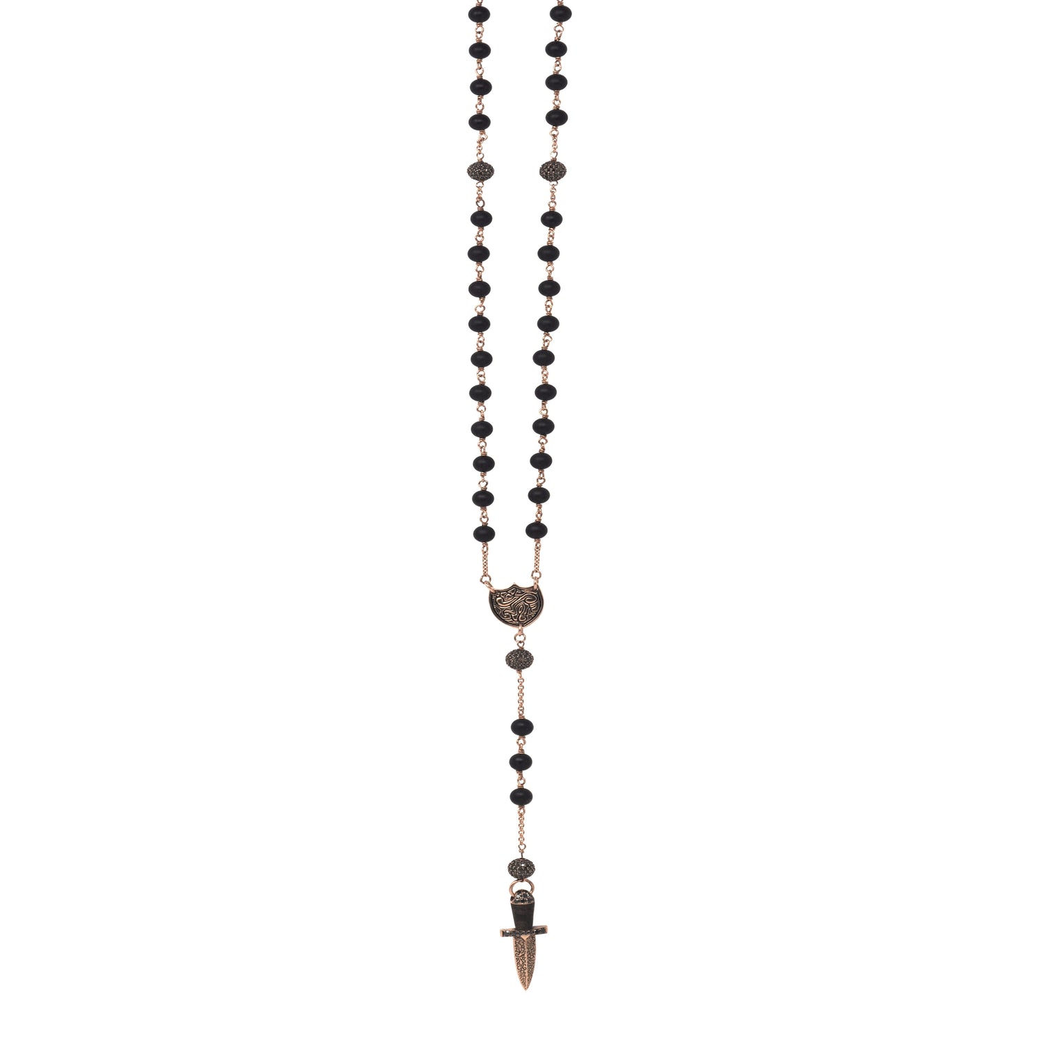 Unisex 14k rose gold dagger necklace with black diamonds and onyx beads - Best beaded jewelry by Versani SoHo