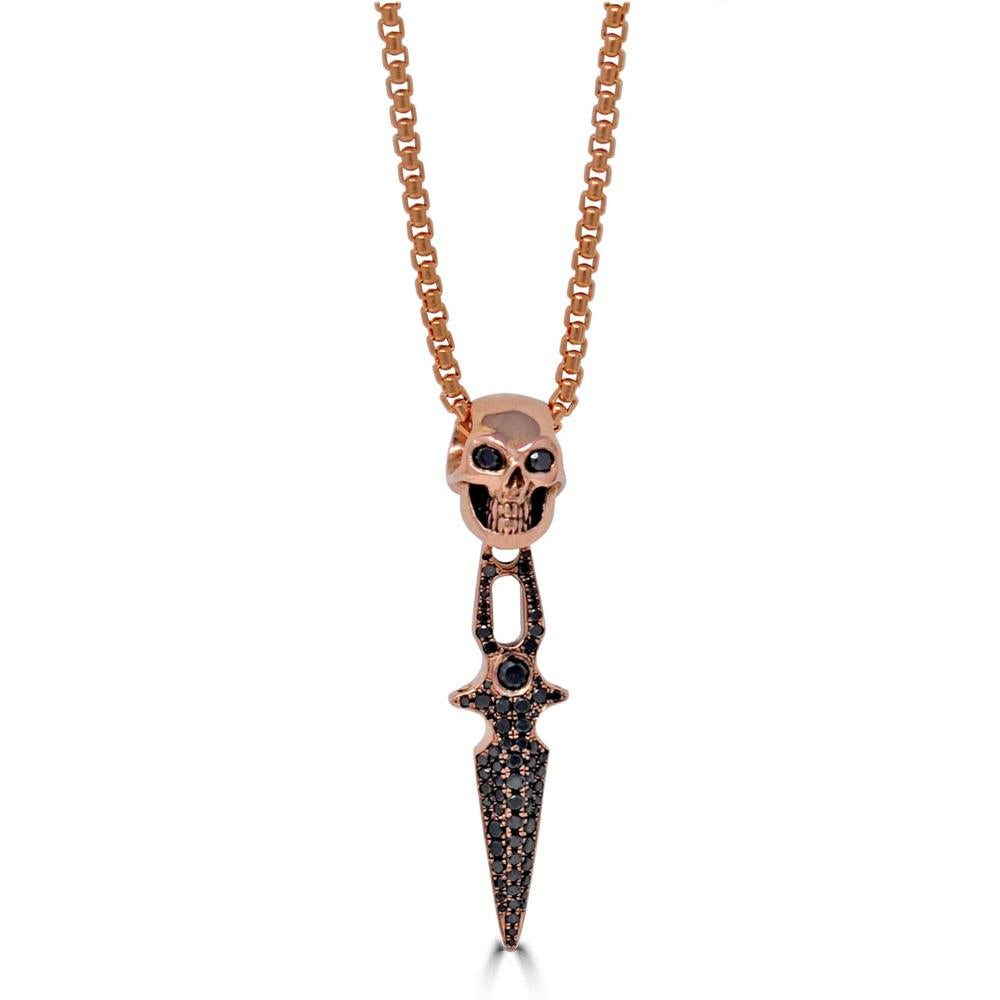 14k rose gold skull sword pendant necklace with hand-set black diamonds - Best skull jewelry by Versani NY