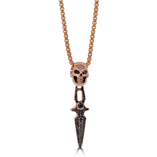 14k rose gold skull sword pendant necklace with hand-set black diamonds - Best skull jewelry by Versani NY