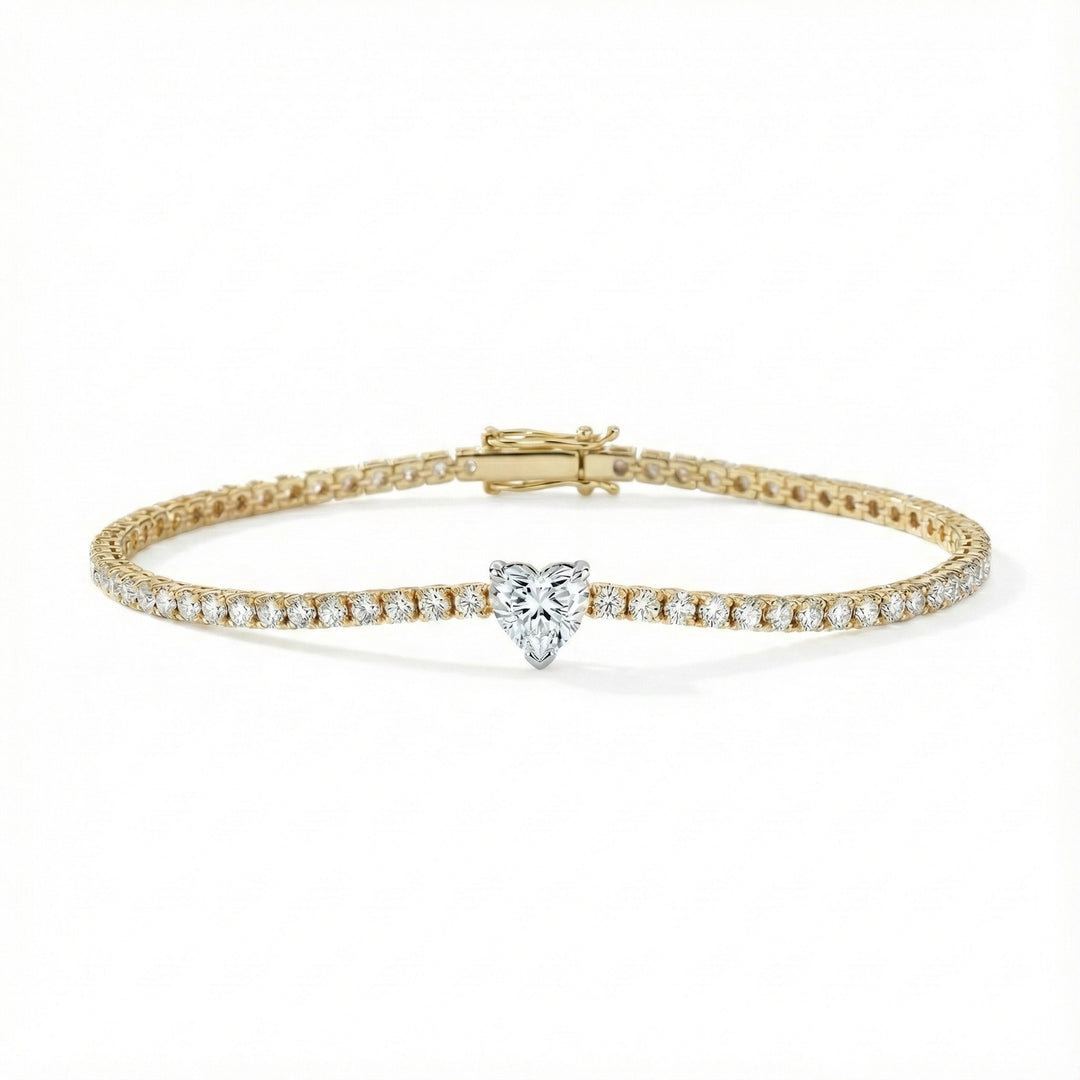 White Diamond Tennis Bracelet Heart Center Stone