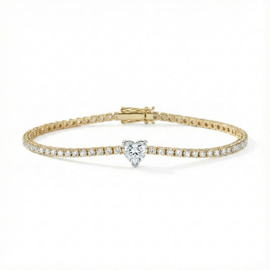 White Diamond Tennis Bracelet Heart Center Stone