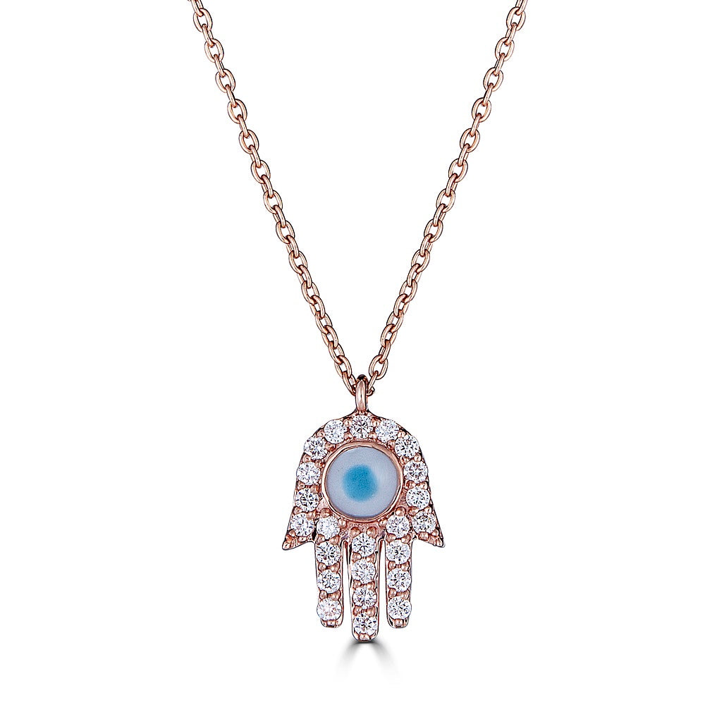 White Diamond Evil Eye Hamsa Pendant Necklace