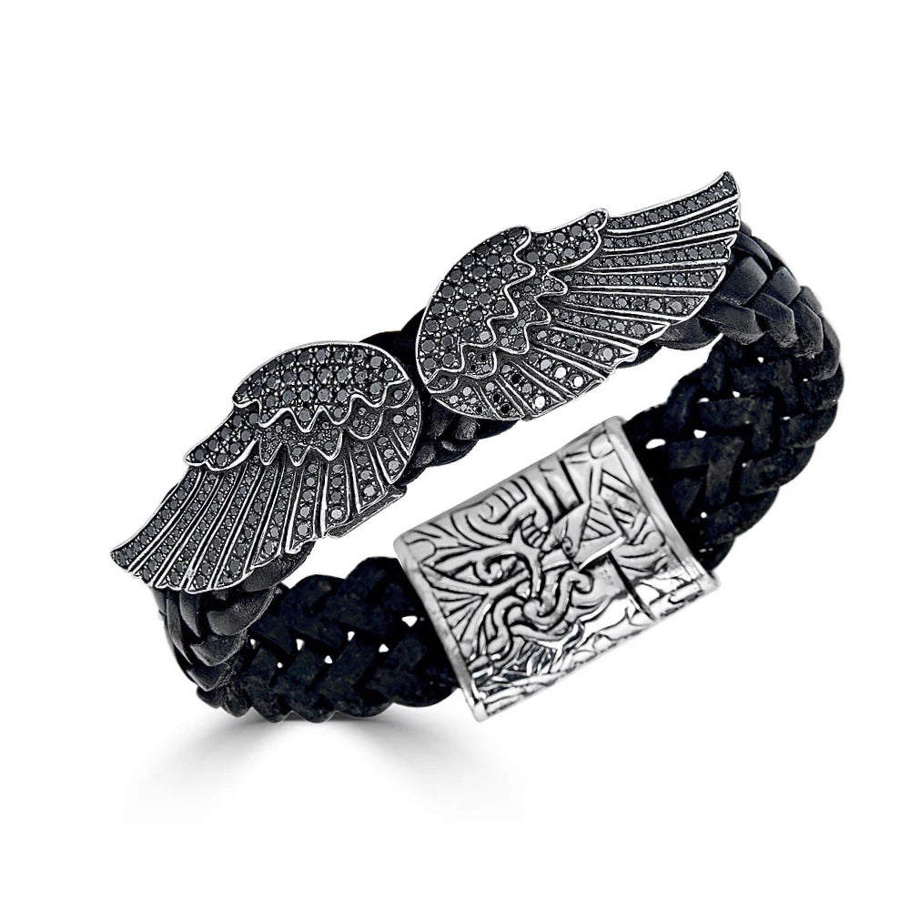 Small Black Diamond Wing Leather Bracelet