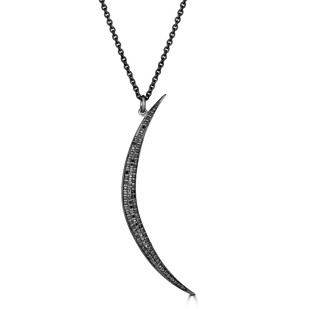 Large Black Diamond Thin Crescent Moon Pendant Necklace