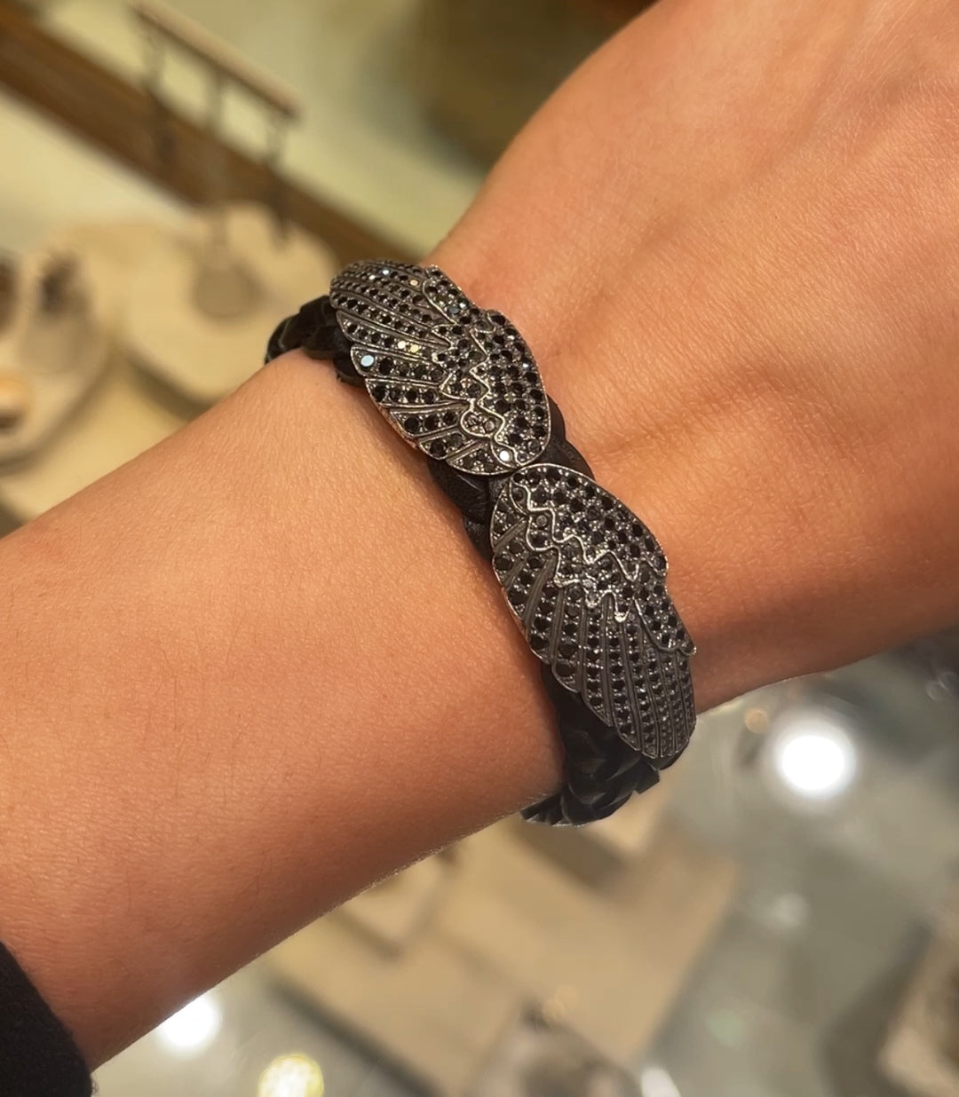 Small Black Diamond Wing Leather Bracelet