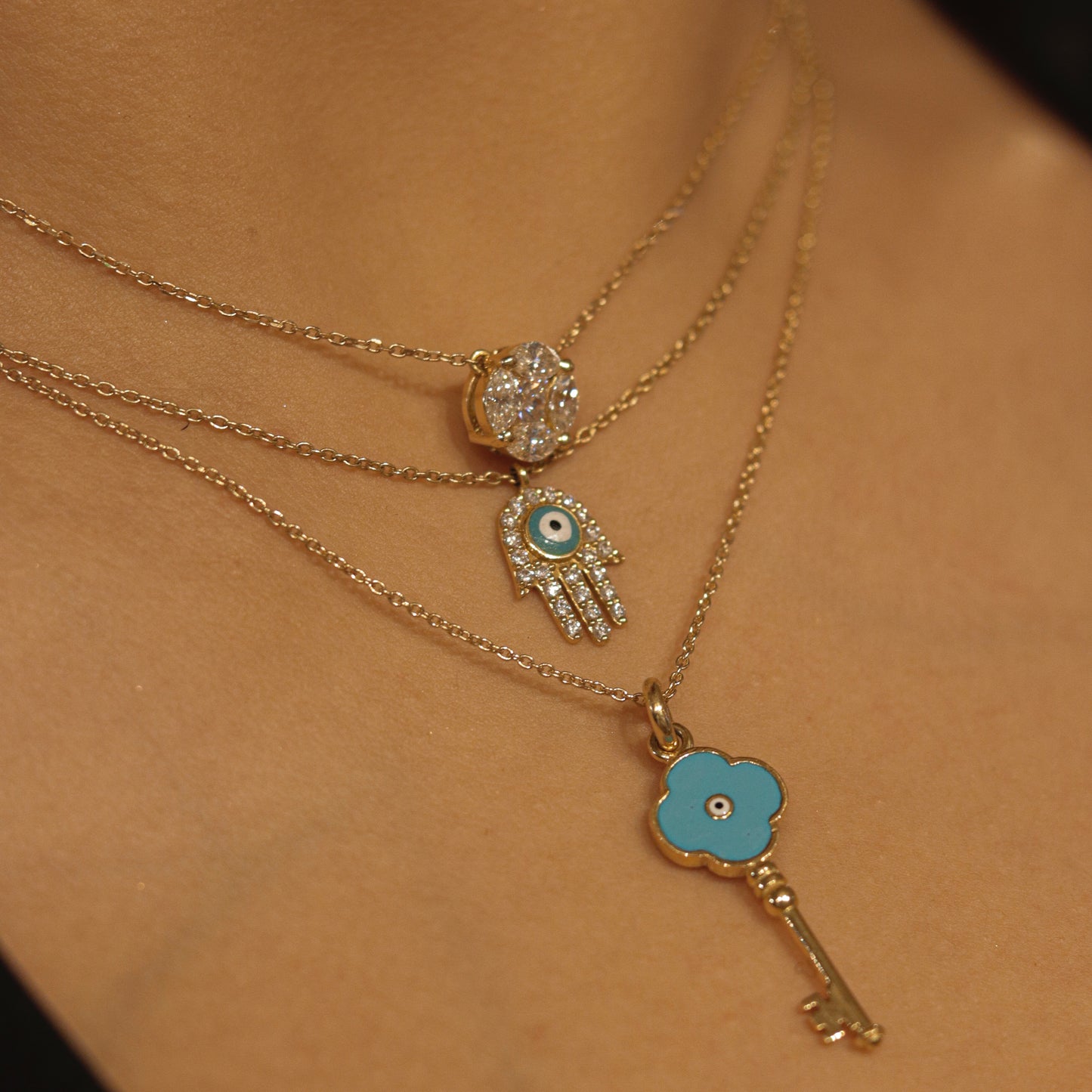 White Diamond Evil Eye Hamsa Pendant Necklace