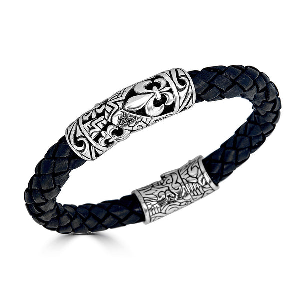 Fleur De Lis Leather Weave Bracelet | Versani