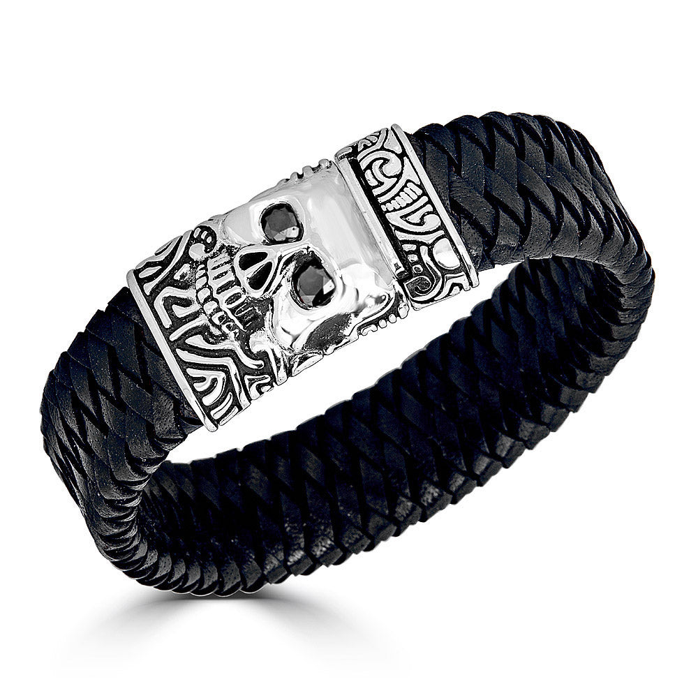 KeyDesign Gem Eyes Skull Braided Leather Bracelet