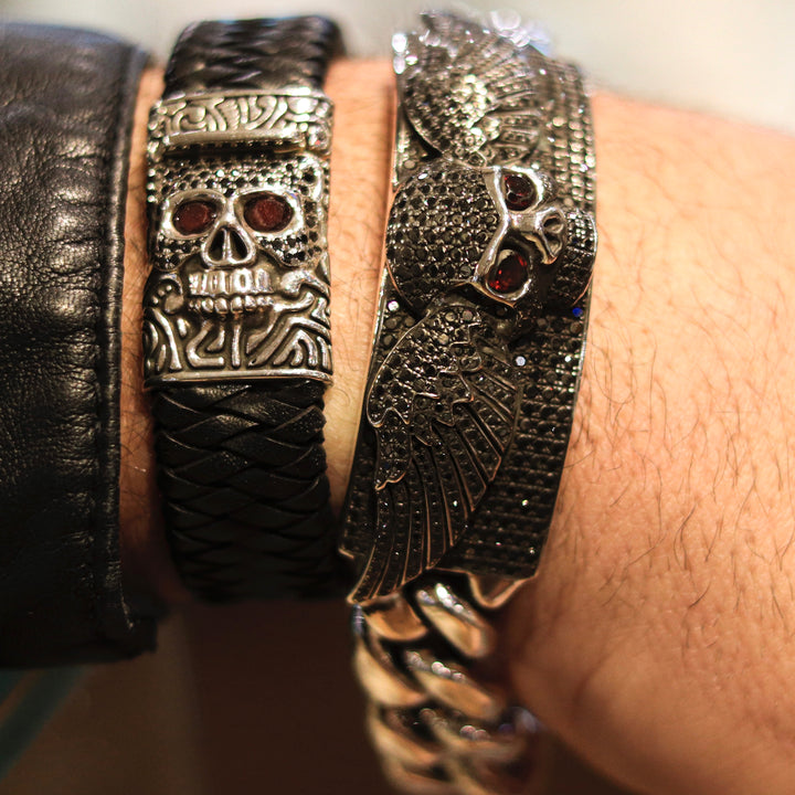 KeyDesign Gem Eyes Skull Braided Leather Bracelet