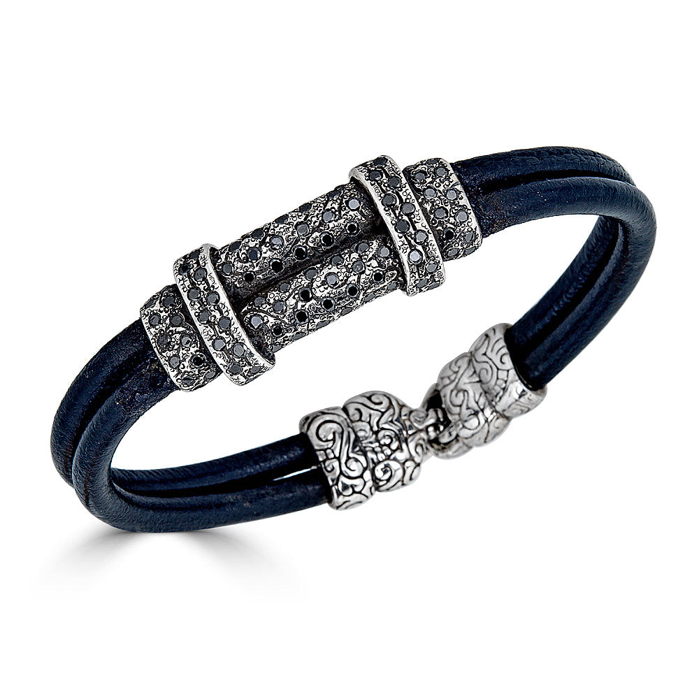 Black Diamond Double Bar Leather Bracelet