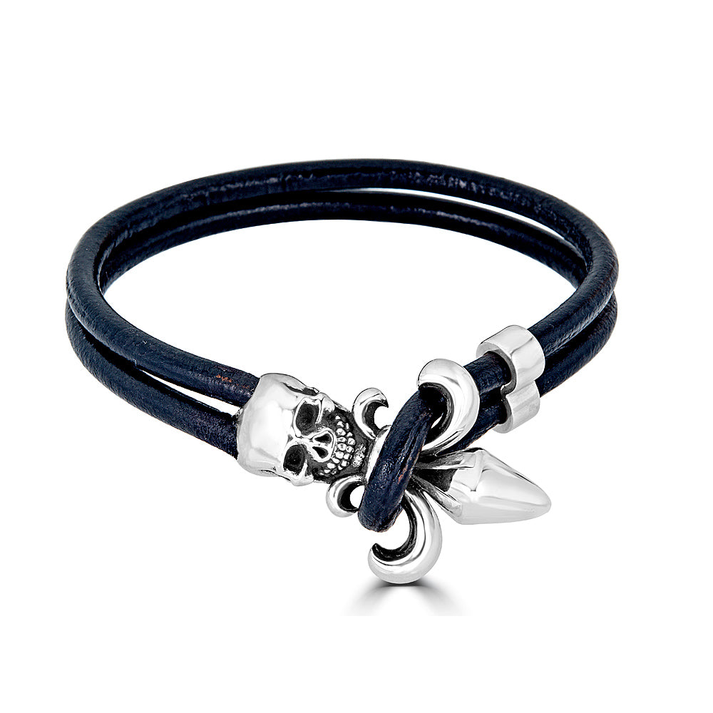 Skull Fleur De Lis Leather Bracelet