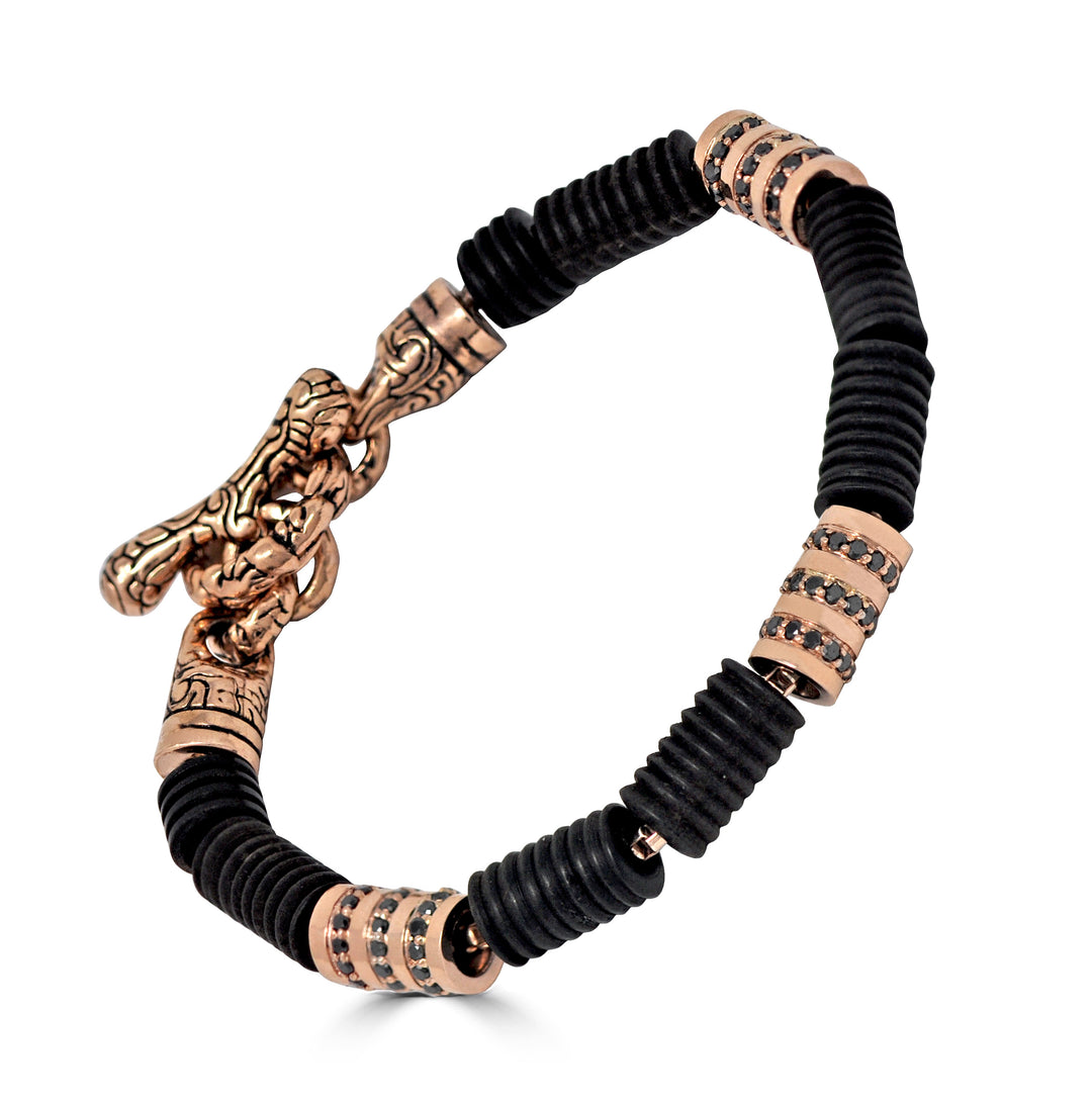 Black Diamond Cylinder Wood KeyDesign Bracelet In Rose Gold