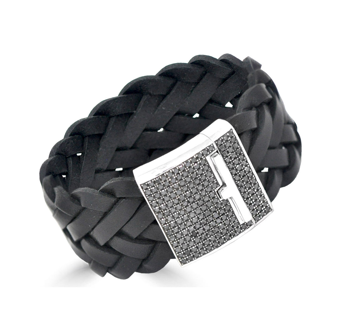 Black Diamond Wide Weaved Leather Bracelet