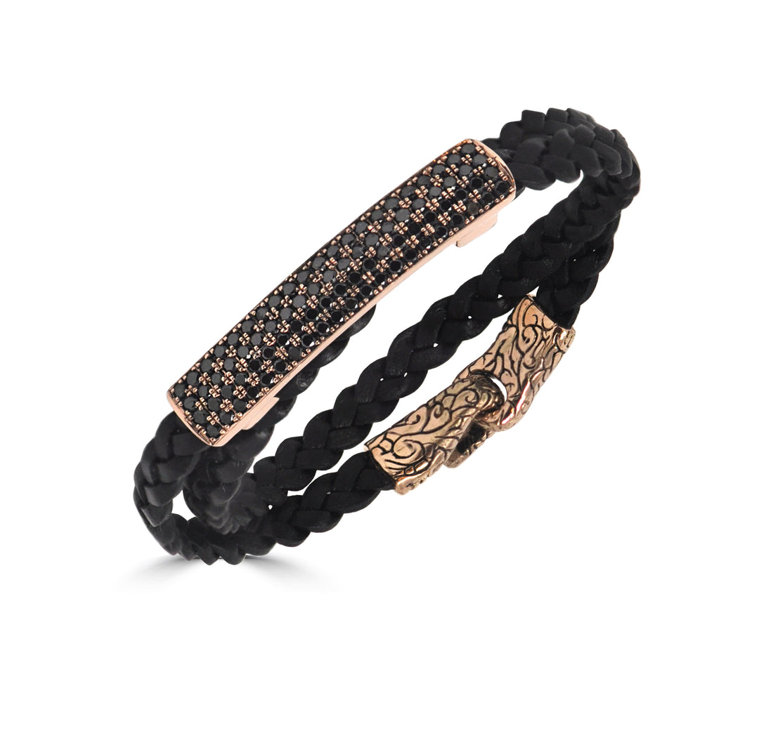 Rose Gold Black Diamond ID Double Braided Wrap Leather Bracelet