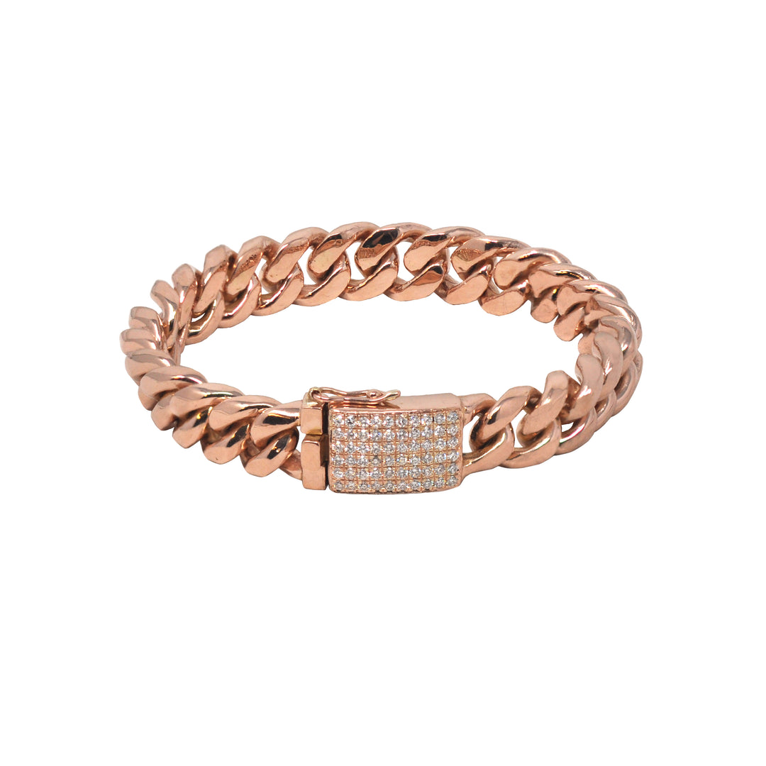 Rose Gold Cuban Link Bracelet With White Diamond Clasp