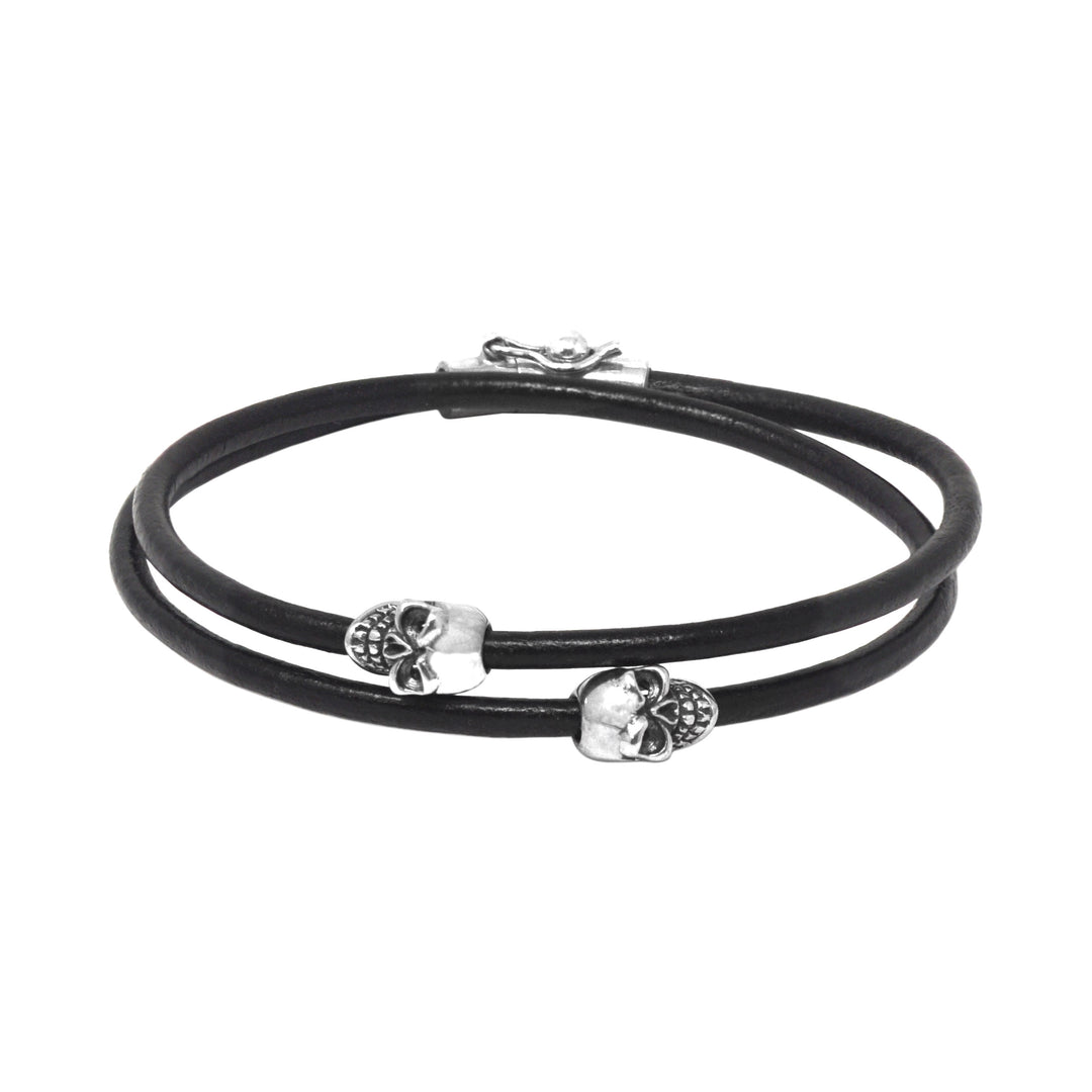 Thin Double Skull Leather Bracelet