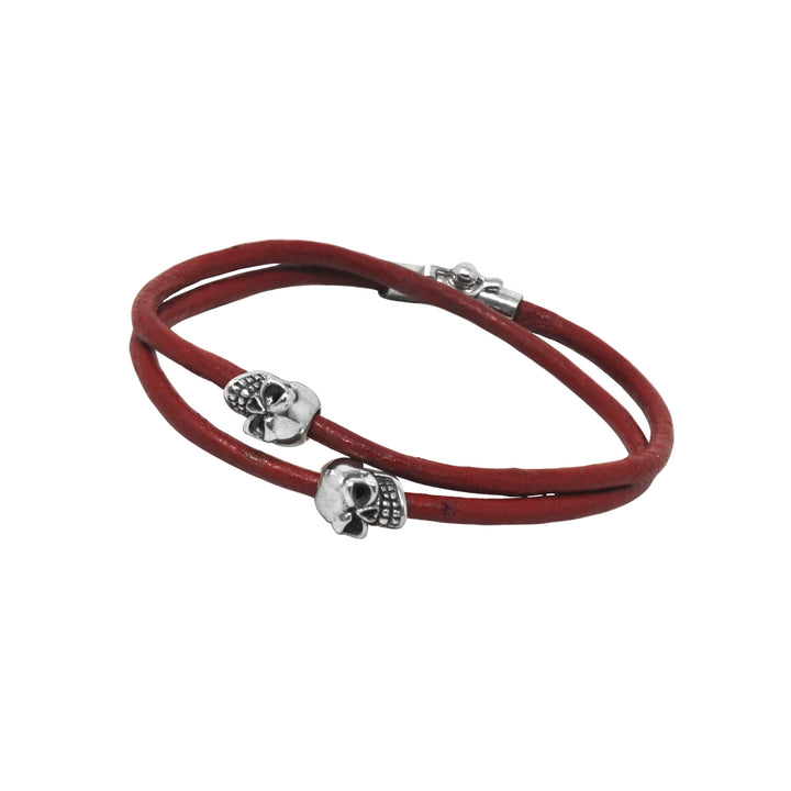 Thin Double Skull Leather Bracelet