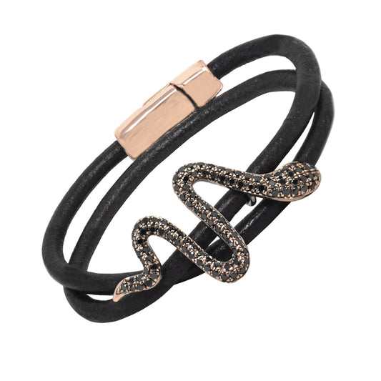 Rose Gold Black Diamond Snake Double Wrap Leather Bracelet