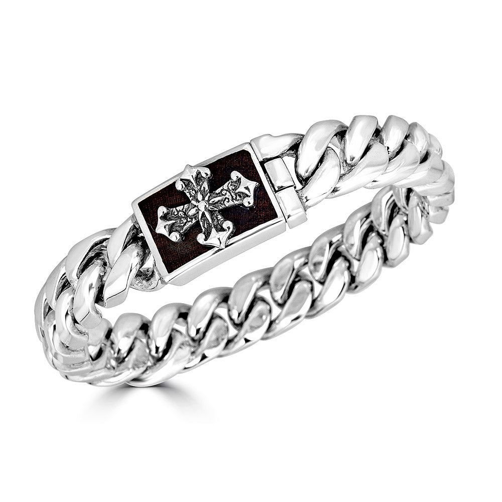 Medium Wood Inlay Cuban Link Cross Bracelet