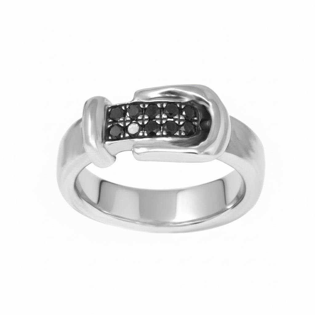 Silver belt ring with black diamonds on a white background