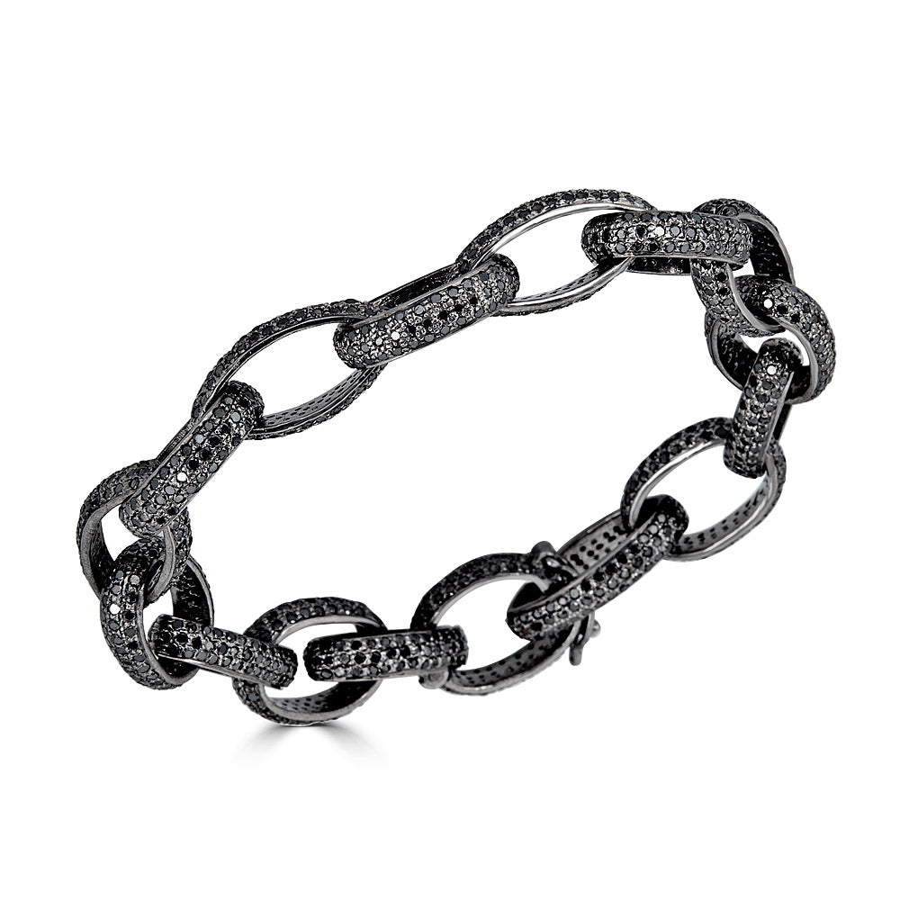 A black diamond oval link bracelet with black rhodium finish