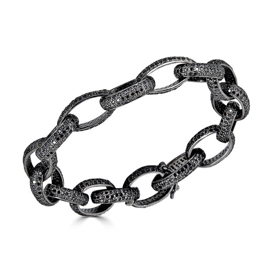 A black diamond oval link bracelet with black rhodium finish