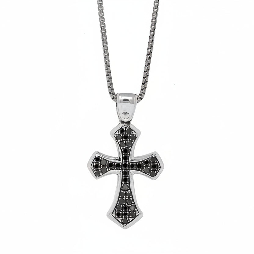 Unisex .925 sterling silver framed celestial cross necklace with black diamonds - Best celestial jewelry by Versani SoHo