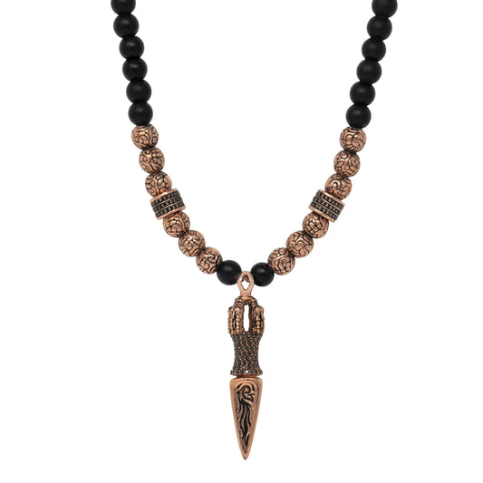 Men's 14k rose gold dagger necklace with 4.80ct black diamonds and 8mm beads - Best beaded jewelry by Versani SoHo