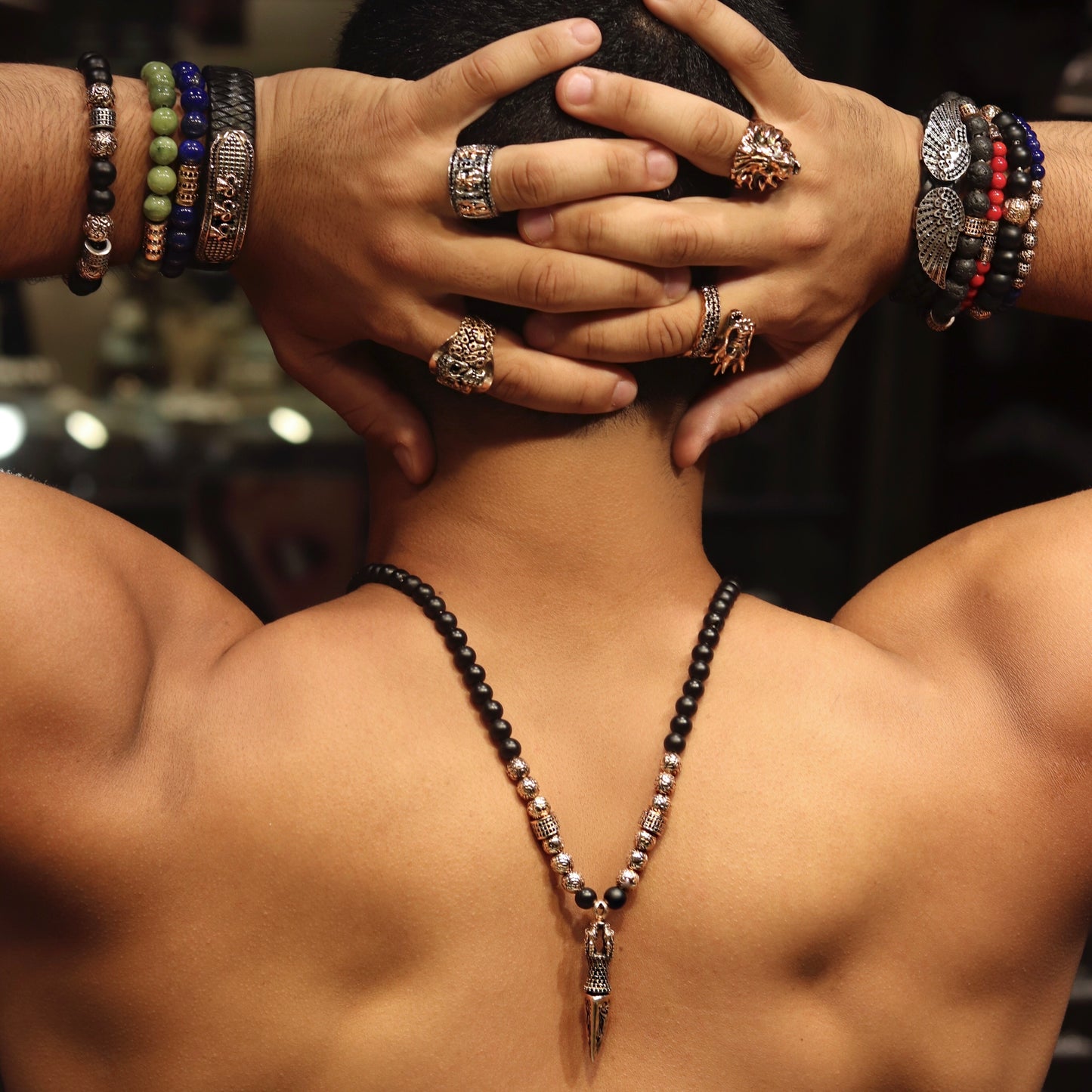 Men's 14k rose gold dagger necklace with 4.80ct black diamonds and 8mm beads - Best beaded jewelry by Versani SoHo
