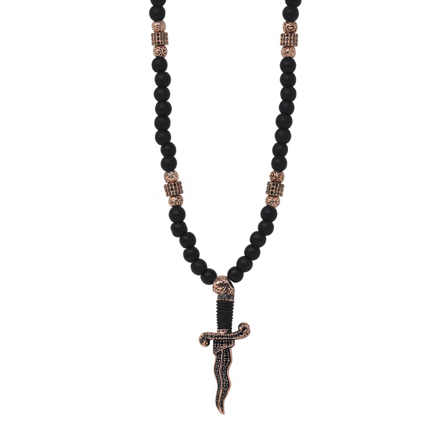 Men's 14k gold wood dagger beaded necklace with hand-set black diamonds - Best beaded jewelry by Versani SoHo